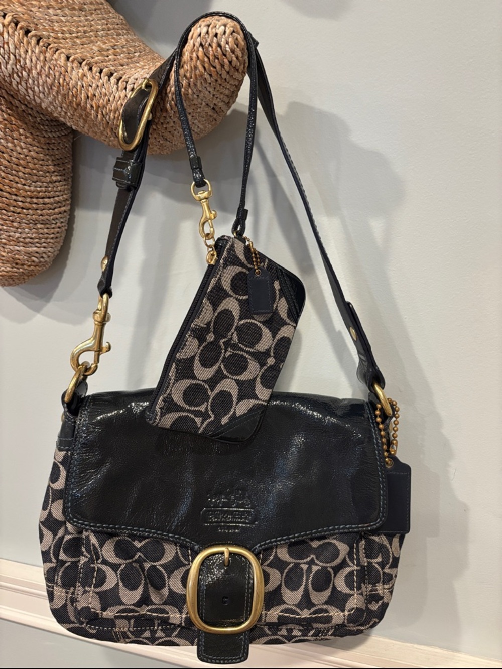 Coach Signature Blue Denim Canvas & Leather Shoulder Bag and Wristlet Wallet Y2K